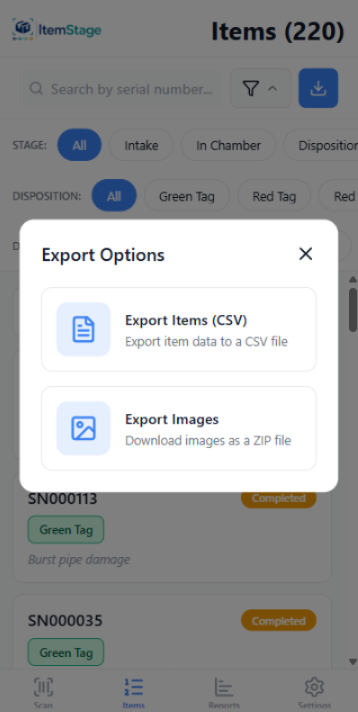 Chain-of-custody export screen producing PDF and image archive
