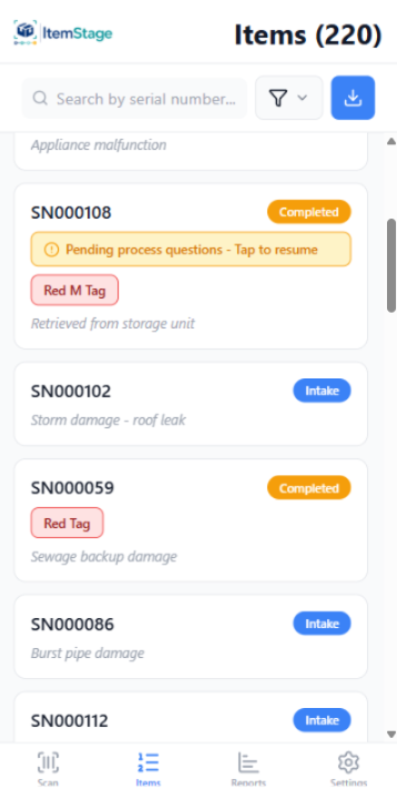 Item search screen finding items by serial, stage, and status