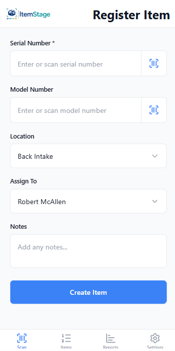 ItemStage register-item screen with barcode serial scan, location, and team assignment